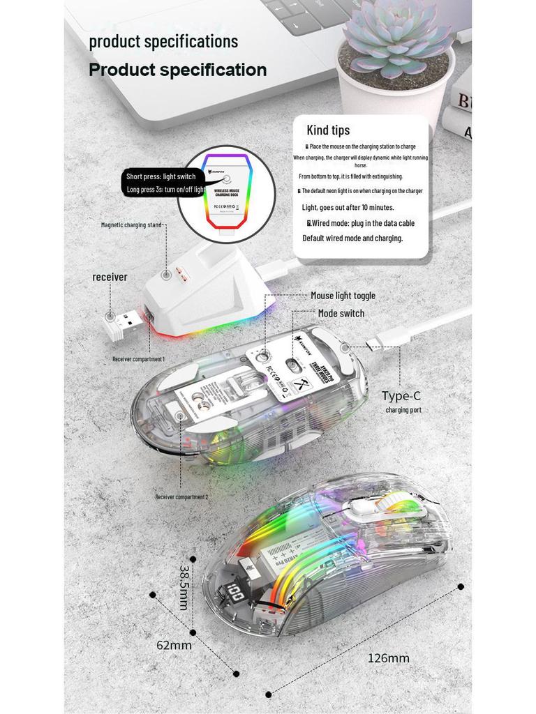 Xuanyinhu XYH20proRGB Wireless Bluetooth Transparent Gaming Mouse with Screen Charger