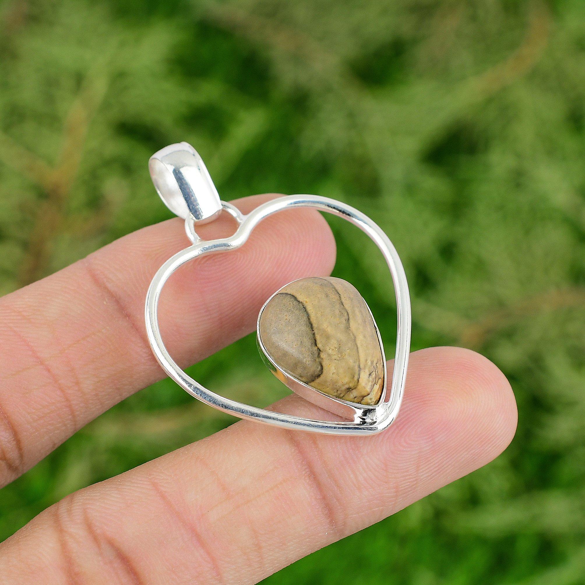 

Daughters Day Deal Picture Jasper Gemstone Bezel Heart Pendant Sterling Silver