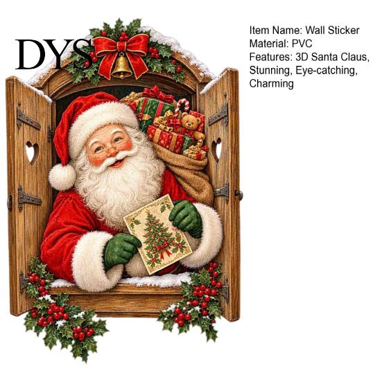 Self Adhesive Glass Stickers 3D Santa Claus Christmas Wall Sticker, Vintage Through Wooden Window Decal, Seasonal Home Decorations Removable Peel And