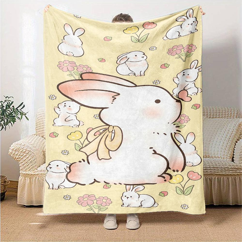 1pc Rabbit Flowers Blanket Lightweight Flannel Throw for Sofa Bed Travel Camping Livingroom Office Couch Chair