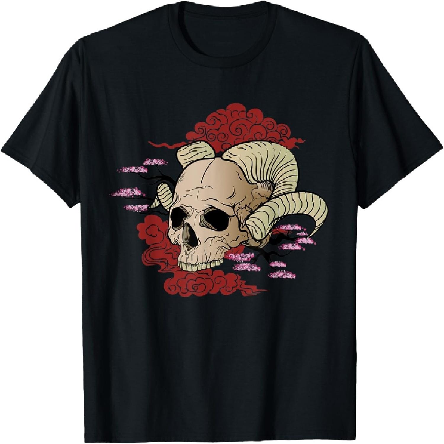Japanese Demon Oni Skull With Devil Horns Harajuku goth T-Shirt S