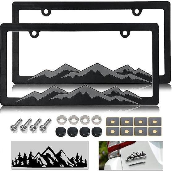 Mountain License Plate Frames - Plastic Car Tag Holders With Raised Mountain Design, Black On Black, 2 Pack 2 Hole With Screws & Caps, Mountain Vinyl серый