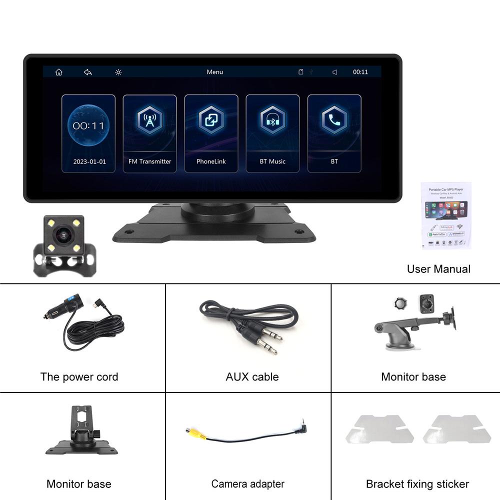 10.26" Smart Player+Rear Reverse Camera For Wireless Carplay Android Auto Tablet