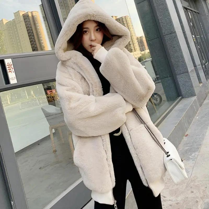 Korean Loose Thick Plush Coat for Women Winter Imitation Fur Rabbits Grass Coat Female Warm Zipper Jacket Hooded Parka Overcoat