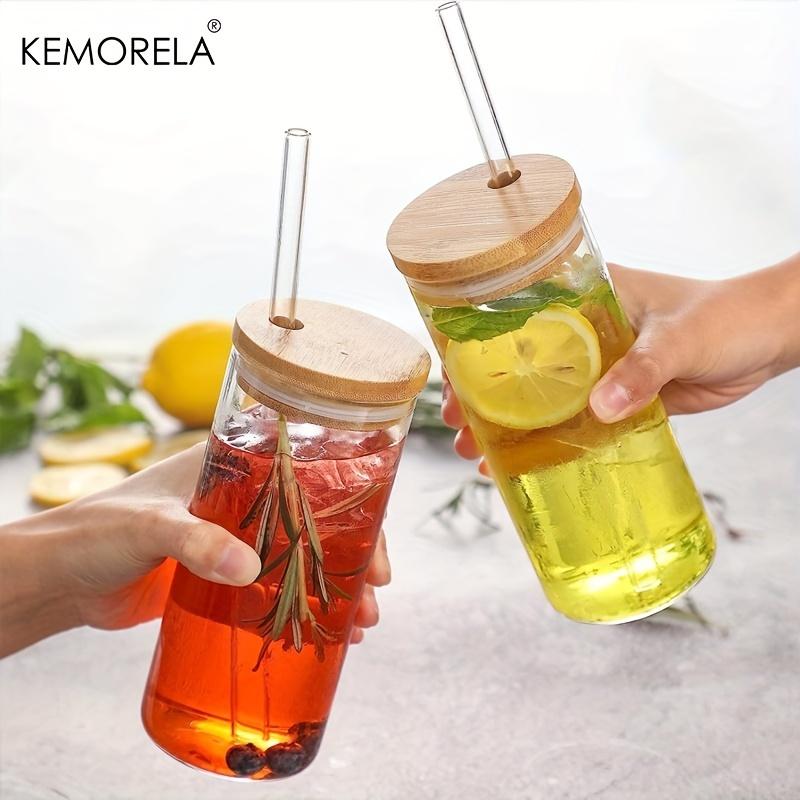 4 Set 600ML Drinking Glasses with Bamboo Lids and Straws Borosilicate Glass Tumbler Cups Tall Clear Iced Coffee Cups
