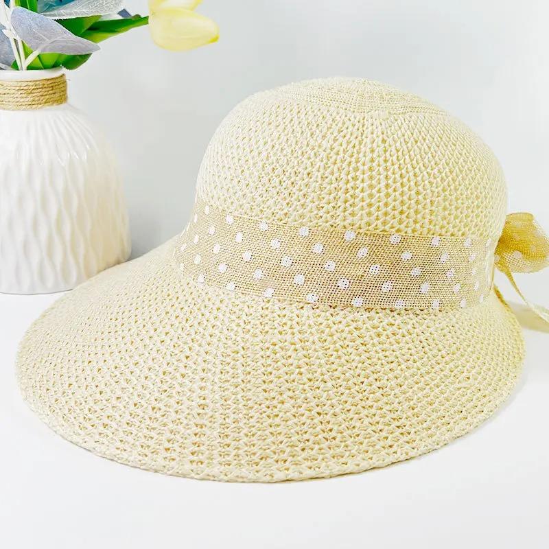 Funda cu boruri late Parasolare Femei Punct In Bowknot Panglică Tricotat Hollow Panama Cap Fată Vară Protecție UV Călărie de plajă Călărie Moda Versatil