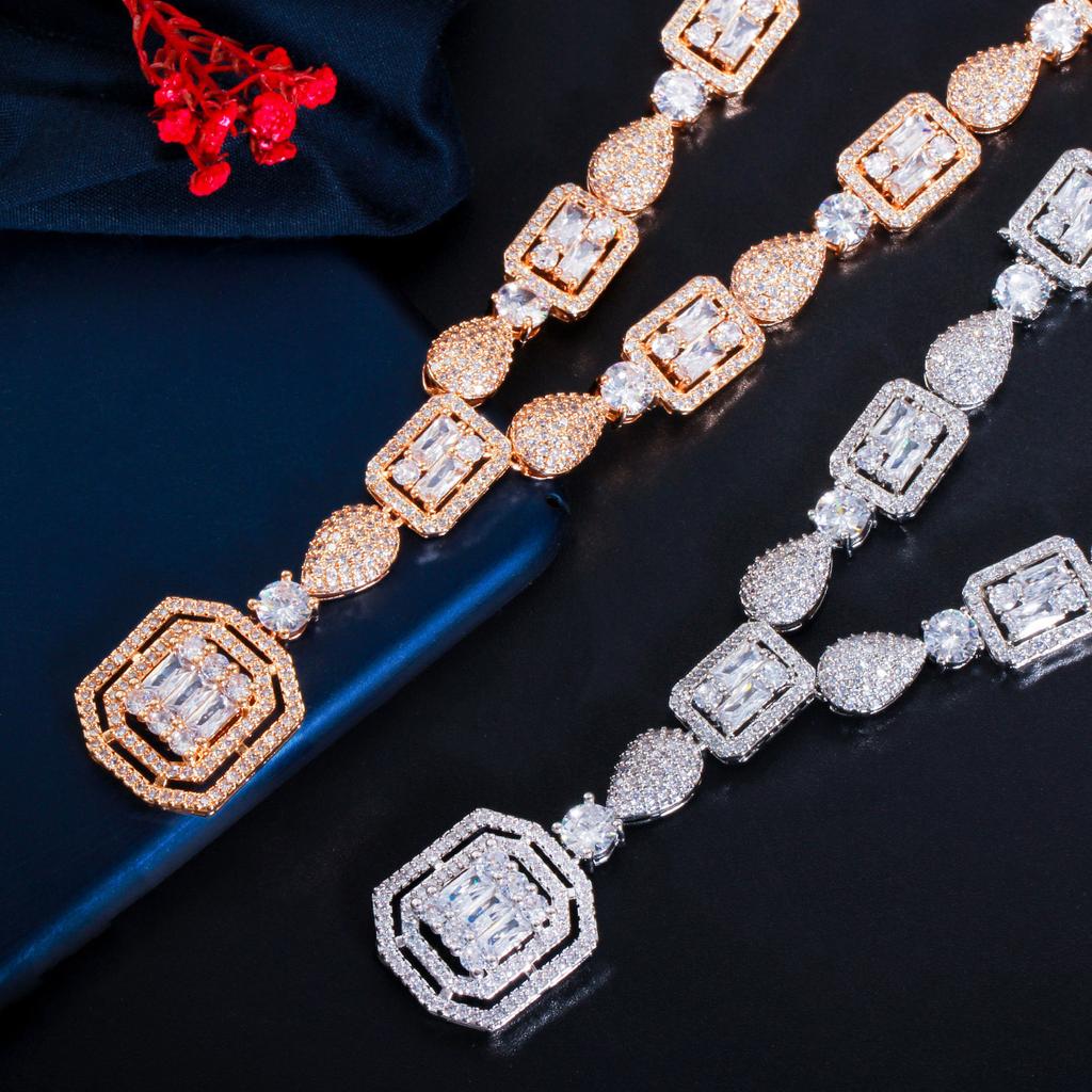 Braut Hochzeit Kleid Halskette Set Quadrat Zirkon Schmuck Halskette Ohrringe Zweiteiliges Set