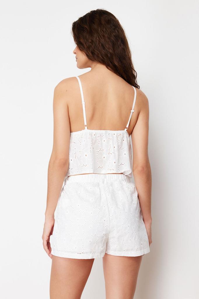 Women's Style Pajama Set Premium White 100% Cotton Tie Detailed Rope Strap Lined Embroidery Woven Pajama Set
