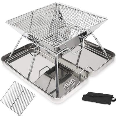 Rikopin Compact Folding Stainless Steel Fire Pit with Storage Case for 2-4 People, Lightweight, 31cm X 31cm X 20cm (Includes Spare Grill)
