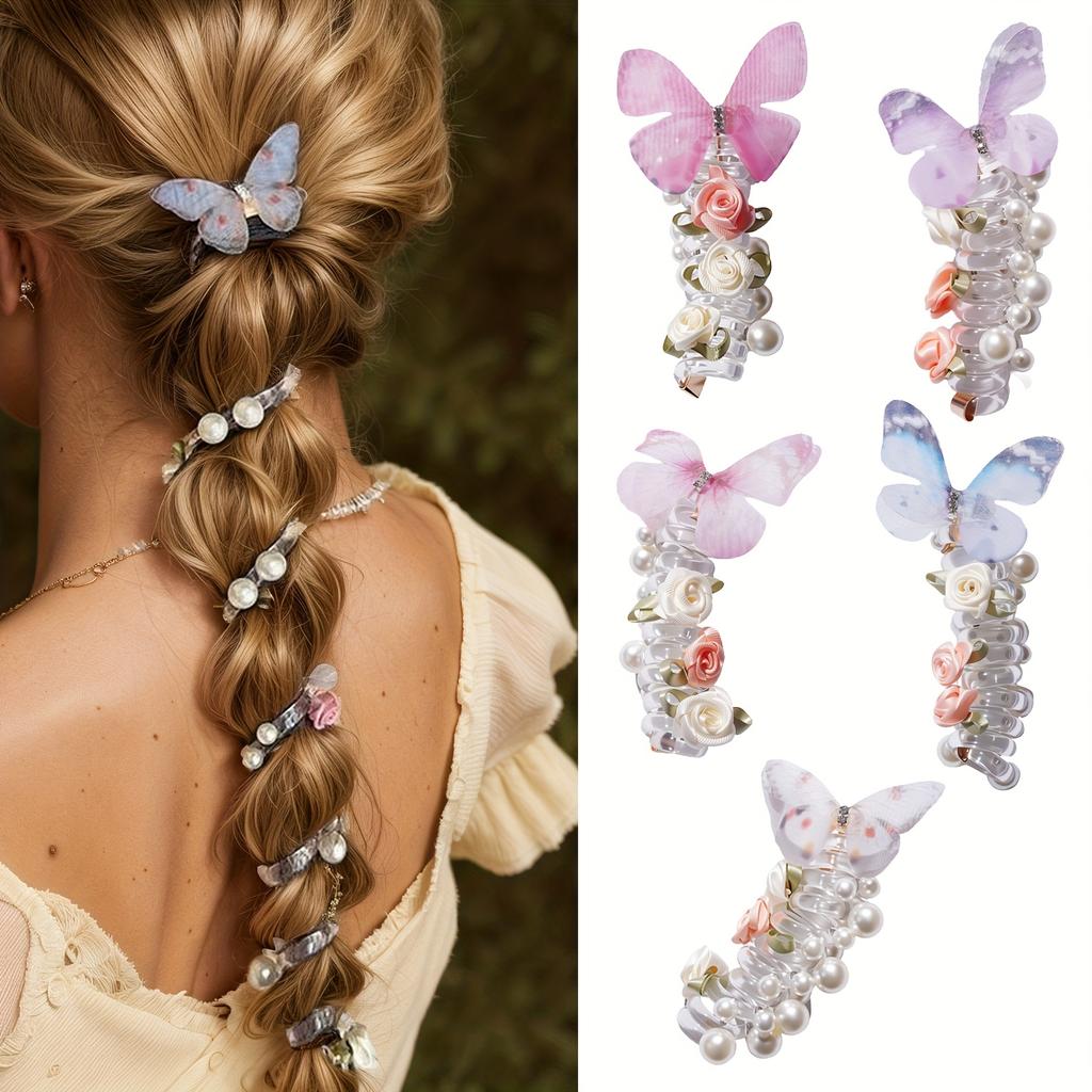 4pcs Vintage Butterfly Telephone Cord Hair Ties for Women - High Elasticity, No Crease Spiral Ponytail Holders with Flowers