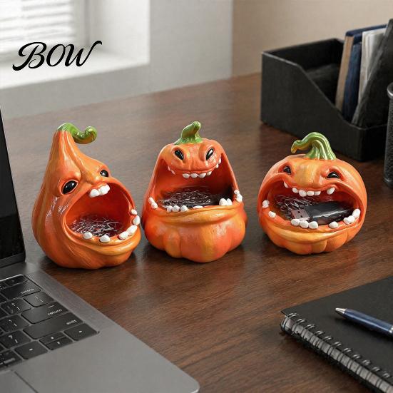 Resin Pumpkin Storage Bowl Big Mouth Box, Halloween Figurine Jewelry Tray, Holiday Desk Ornament Trinket Keys Candy Holder for Home Office Decor