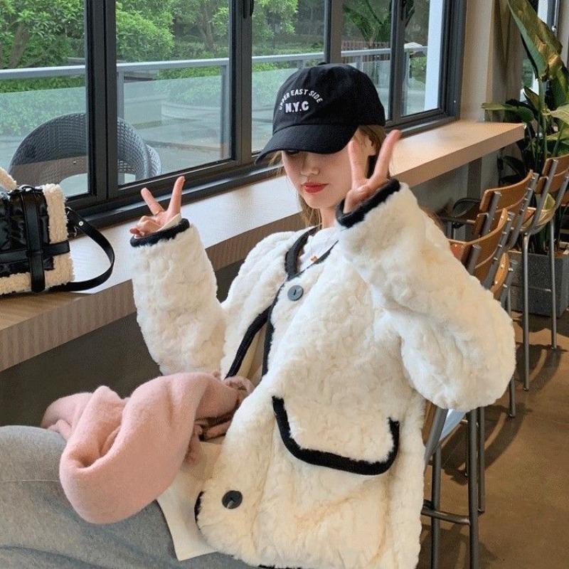 

Пальто из искусственного меха ягненка женское осенне-зимнее новое маленькое свободное утолщенное белое шерстяное пальто хлопковая одежда S recommends 80-50kg