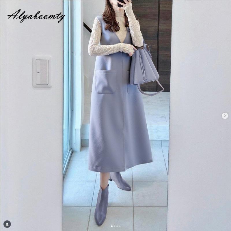 Korean Fashion Autumn Winter Women Sundress V Neck Blue Woolen Midi Sleeveless Dress Warm Wool Tank Dress With Pockets
