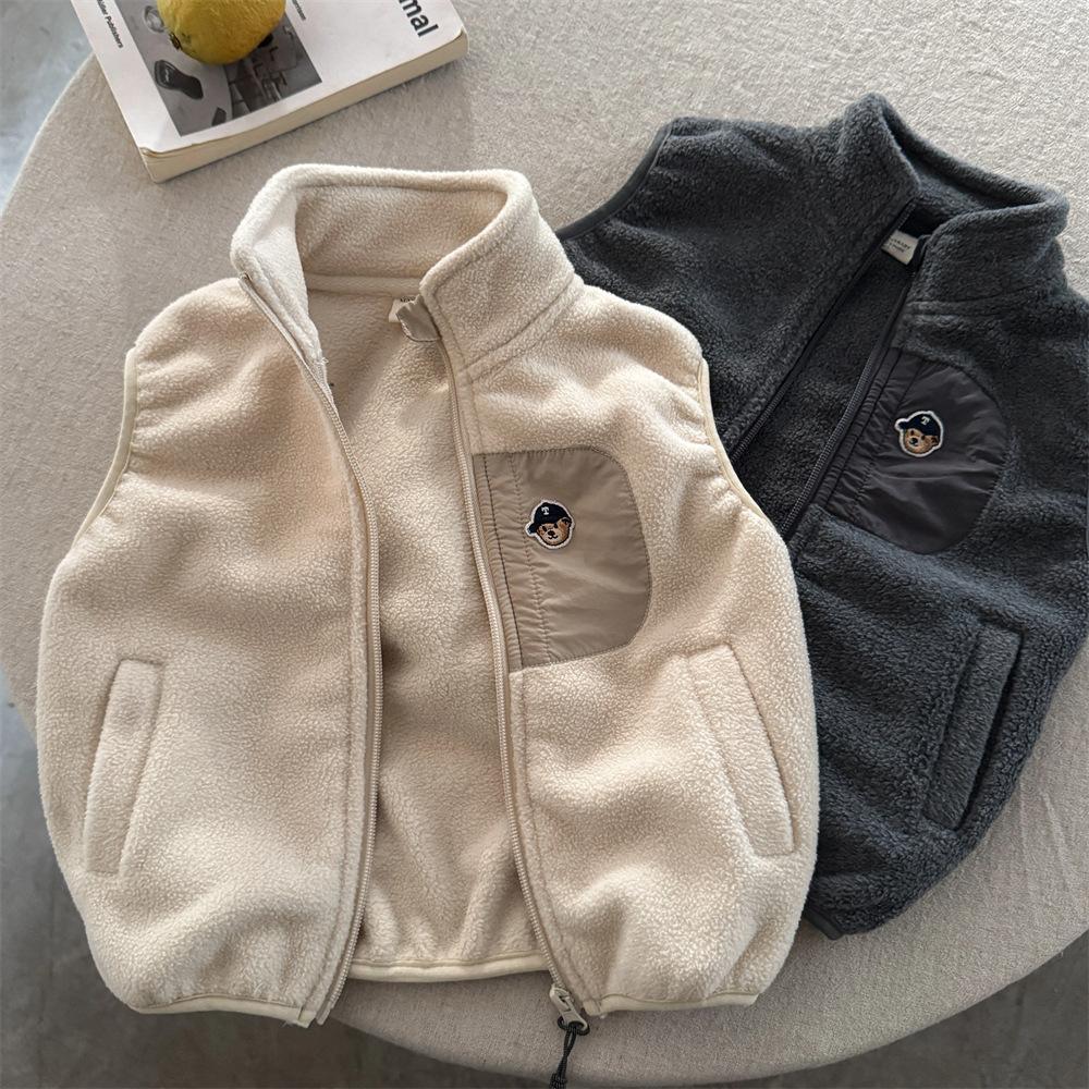 Kids Reversible Fleece Bear Vest for Boys Warm Sleeveless Jacket Autumn Winter 80