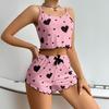 Women's Heart Print Ribbed Pajamas Set Crop Cami Tops And Shorts Cute Pjs Set Summer Sleeveless 2 Piece Sleepwear