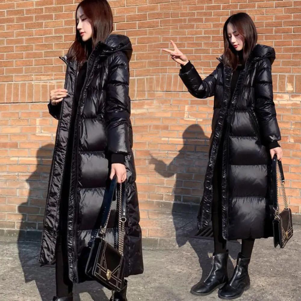 Black Glossy Parka Coat Women's Fashion Thicken Winter Hooded Loose Long Jacket Female Windproof Rainproof Warm Outwear