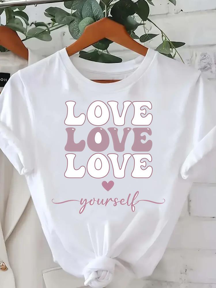 (Asian Size) Women Tee Fashion Lady Clothing Love Heart Feather  Casual T Shirt Female Top Printed Graphic Short Sleeve T-shirts