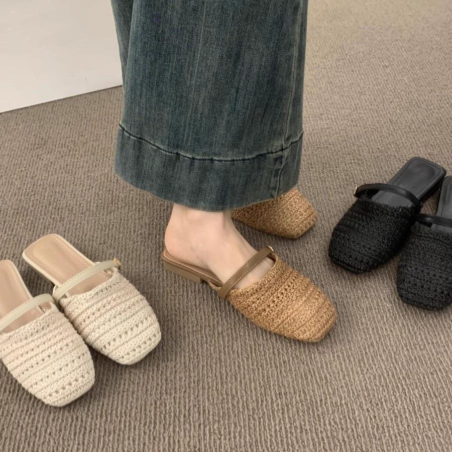 Breathable Woven Bag Head Half Slippers, Women's Summer Wear Is Not Tired, Flat Feet and One Pedal Lazy Cool Slippers