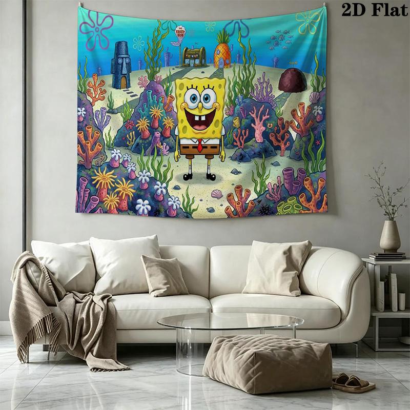 Yellow Sponge Cartoon Wall Tapestry Aesthetic Wall Hanging Printed Fabric Blanket Decorative Tapestries for Bedroom Living Room Home Decor