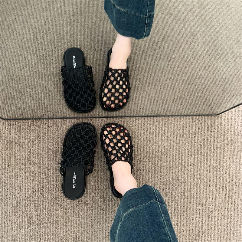 Flat bottom hollow fishing net slippers popular fashion versatile lazy open-toed shoes women's half slippers 2025 summer new