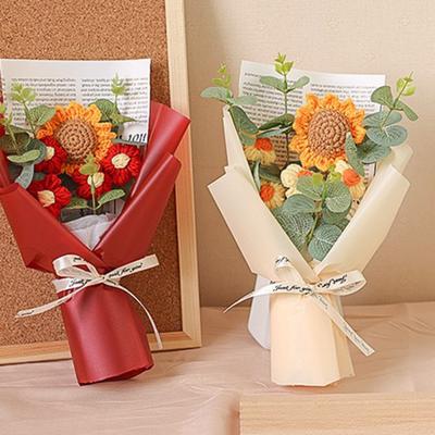 Crochet Flower Bouquet Handmade Knitted Positive Sunflower Artificial Yarn Flower Bouquet Gift for Mother's Day Valentine's Day Anniversary