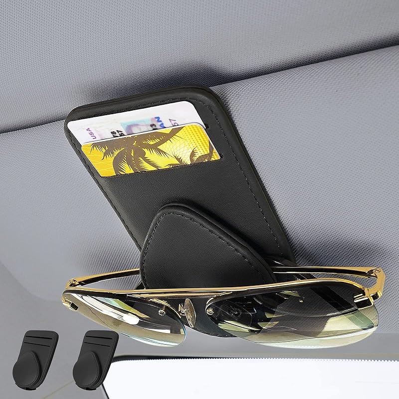 Sunglass and Card Holder for Car Visor, 2 Card Slots Visor Glasses Clip, Strong Magnetic Visor Holder, Visor Accessories for Cars SUV (Black 1Pc)