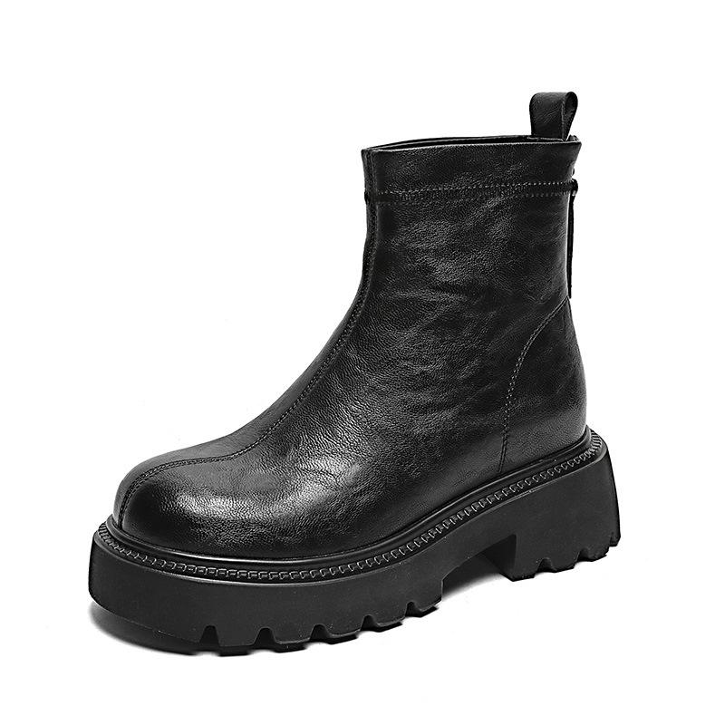 

thick-soled Martin boots women s autumn and winter black leather boots short boots versatile small thin boots inner height-increasing boots 39