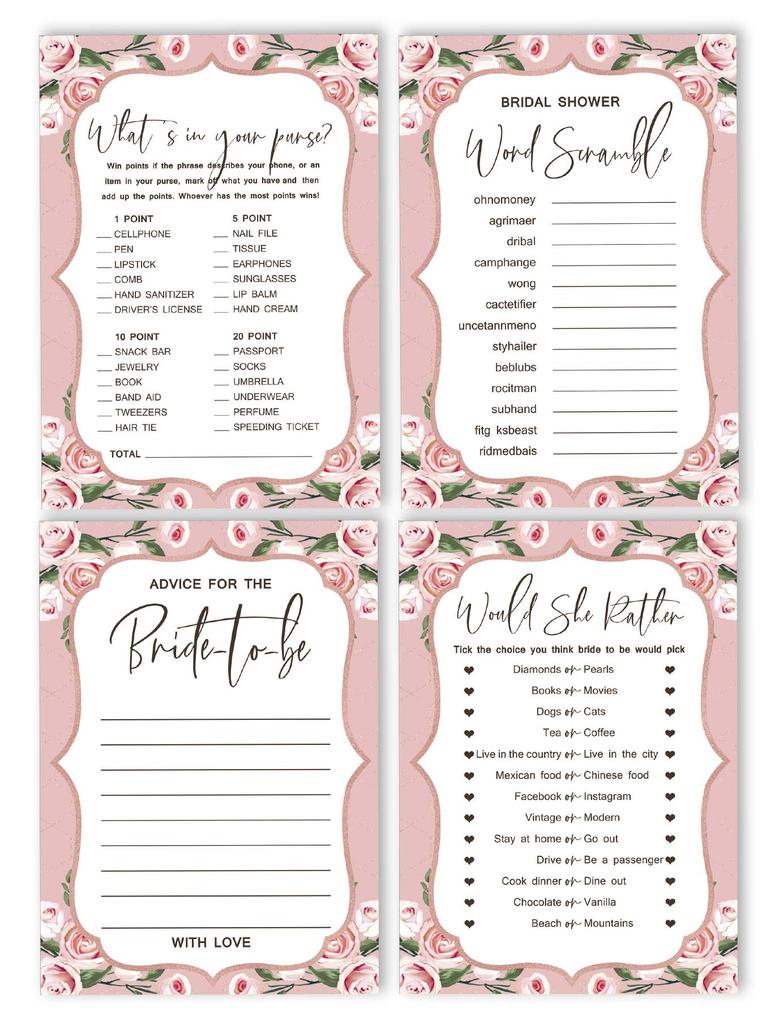 Inkdotpot Junggesellinnenabschieds-Spieleset, 4er-Bundle, Blumen-Brautkleid(Jeweils 50 Blatt) w Miss to Mrs Gold Banner Lustige Brautparty-Spiele