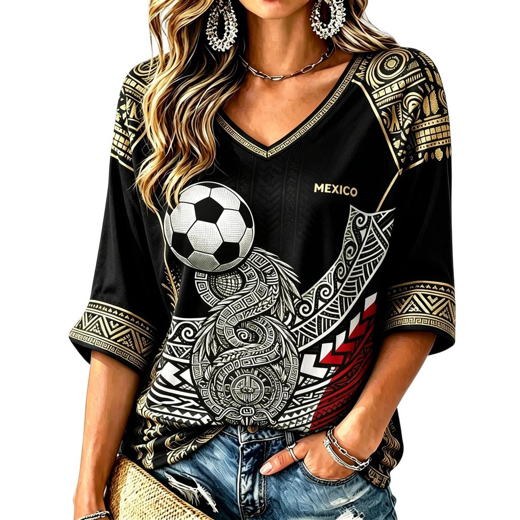 Women's V-Neck Mexico Soccer Print Lightweight Top for Spring and Summer