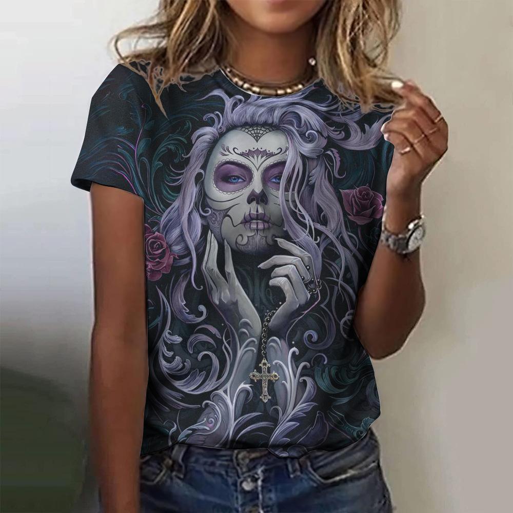 Summer Round Neck 3D Skull Print Top Fashionable Casual Short Sleeved Women's T-shirts