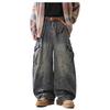 Tunge Scimitar Jeans med flere lommer Menn og Kvinner Frying Streets for Old Washing Wide-leg Arbeidsbukser Par