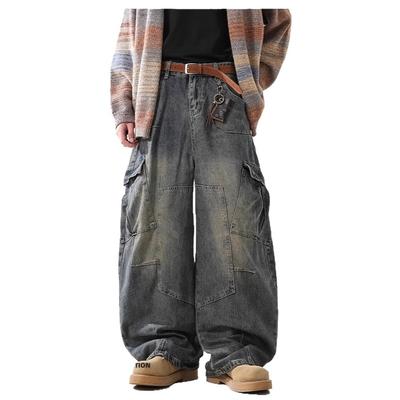 Heavy Multi-pocket Scimitar Jeans Men and Women Frying Streets for Old Washing Wide-leg Work Pants Couple
