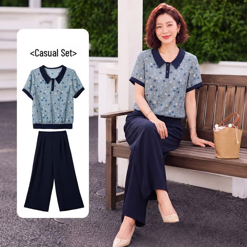 Women's Floral Lapel T-shirt & Wide-leg Pants Set