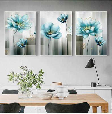 Abstract Blue Flower Canvas Painting Modern Baby Blue Wall Art Picture for Living Room Gold Print Cuadros Salon Decoracio