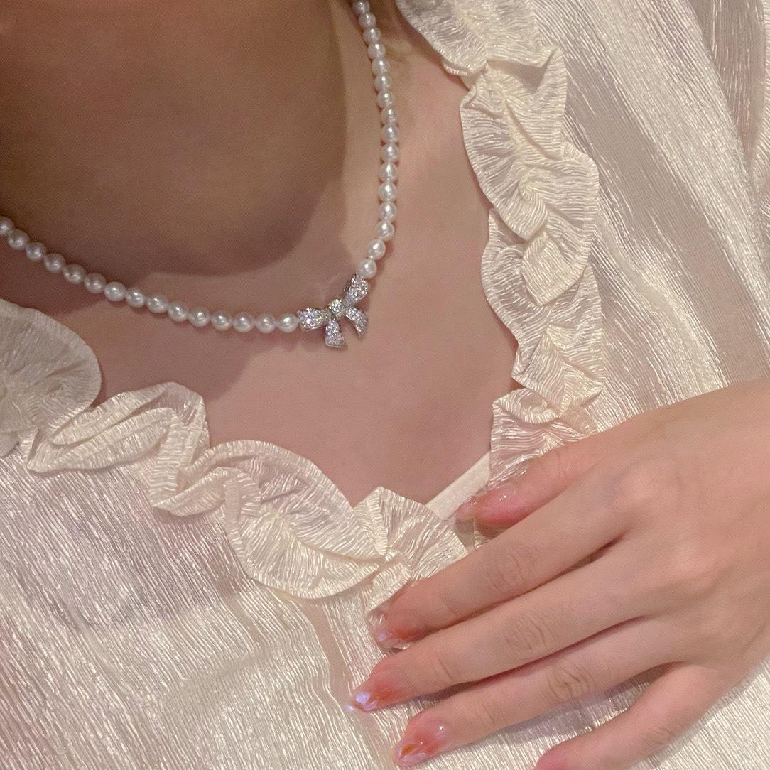 Luxury Bow Pearl Necklace & Bracelet Set with 5-6mm Natural Freshwater Pearls, Small Light Bulb Style Bracelet