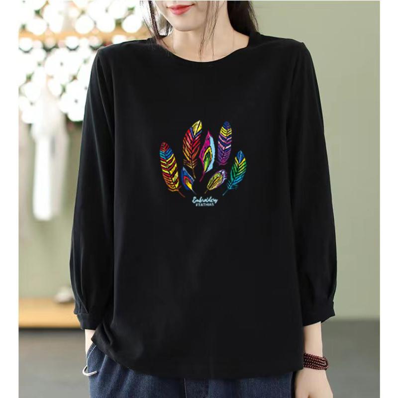 Nine-quarter Sleeve Printed T-shirt for Women New Spring and Autumn Loose Slimming Round Neck Top