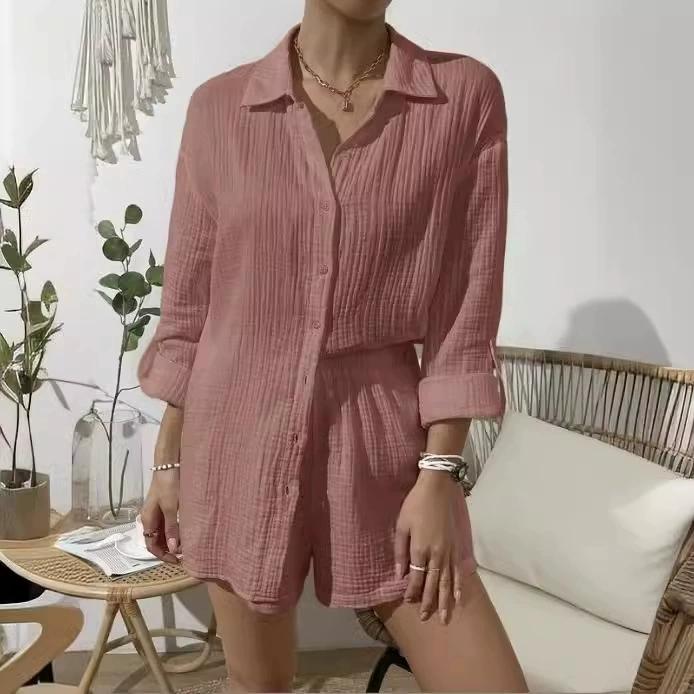 Women's Spring and Summer Fashion Solid Color Long-sleeved Shirt Suit Women's Casual Loose Shorts Two-piece Suit