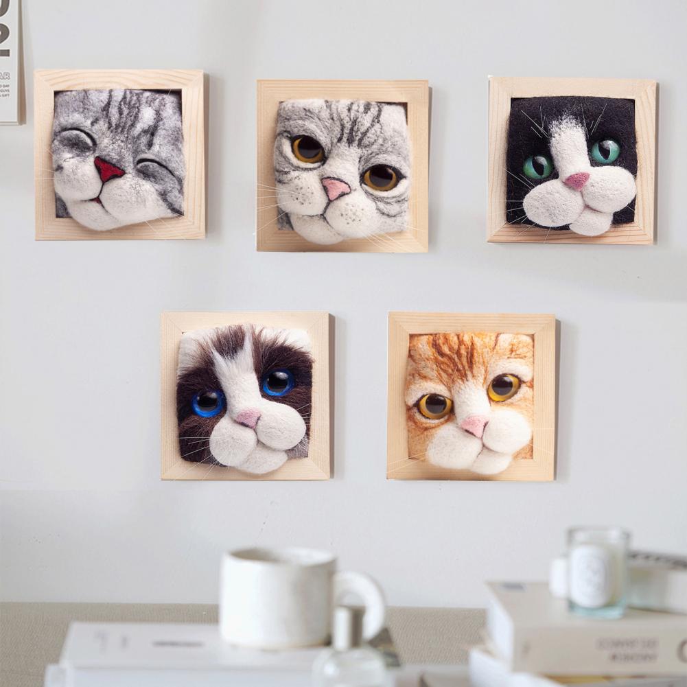 11 cm Holz-Fotorahmen-Ornamente mit formgebender Basis, DIY-Wollfilz, schönes Katzenkopf-Puppen-Strickset, selbstgemachte Heimdekor-Vorräte