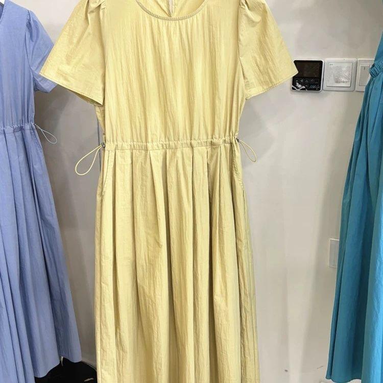 Sommer Französisches Kurzarm Rundhalskleid Damen Elegant Schlankmachend Kordelzug Langes Kleid