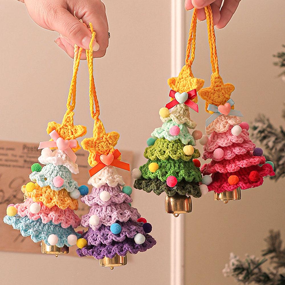 Handmade Crochet Christmas Tree Ornament Bell Soft Yarn Knitting Hanging Pendant for Xmas Home Party Festival Window Door Decor