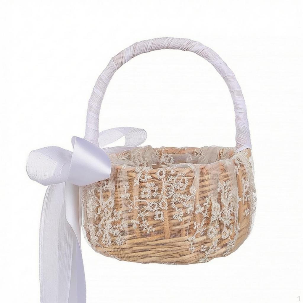 Flower Girl Basket Wicker with Handle Woven for Wedding Ceremonies, Weddings, Aisle Decor