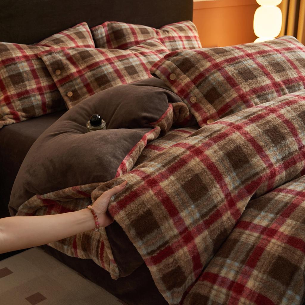 Imitation Cashmere Four-Piece Set, Thickened Milk Fleece Bed Sheet, Quilt Cover, Double-Sided Coral Fleece Bed Hat, Bedding