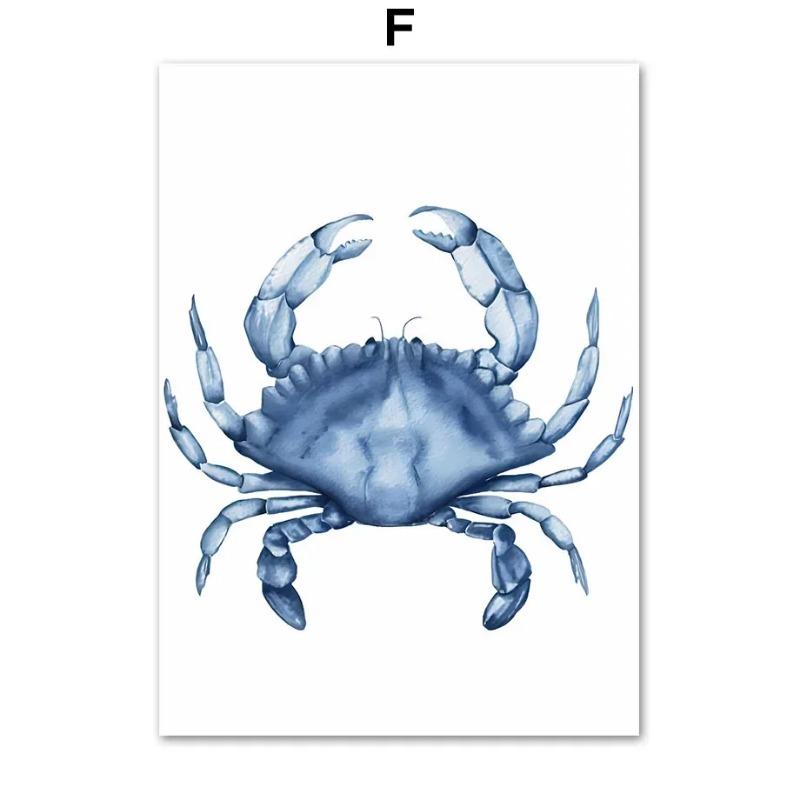 Modern Blue Coastal Sea Life Watercolour Wall Art  HD Canvas Print Poster for Living Room  Bedroom Decor