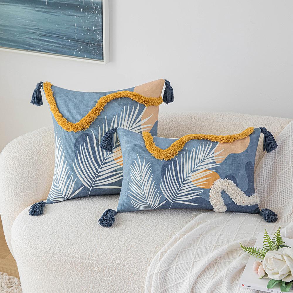 Morandi Color Tufted Pillow Case Ins Style Printed Tassel Pillow Living Room Sofa Cushion Cover Simple Waist Pillow