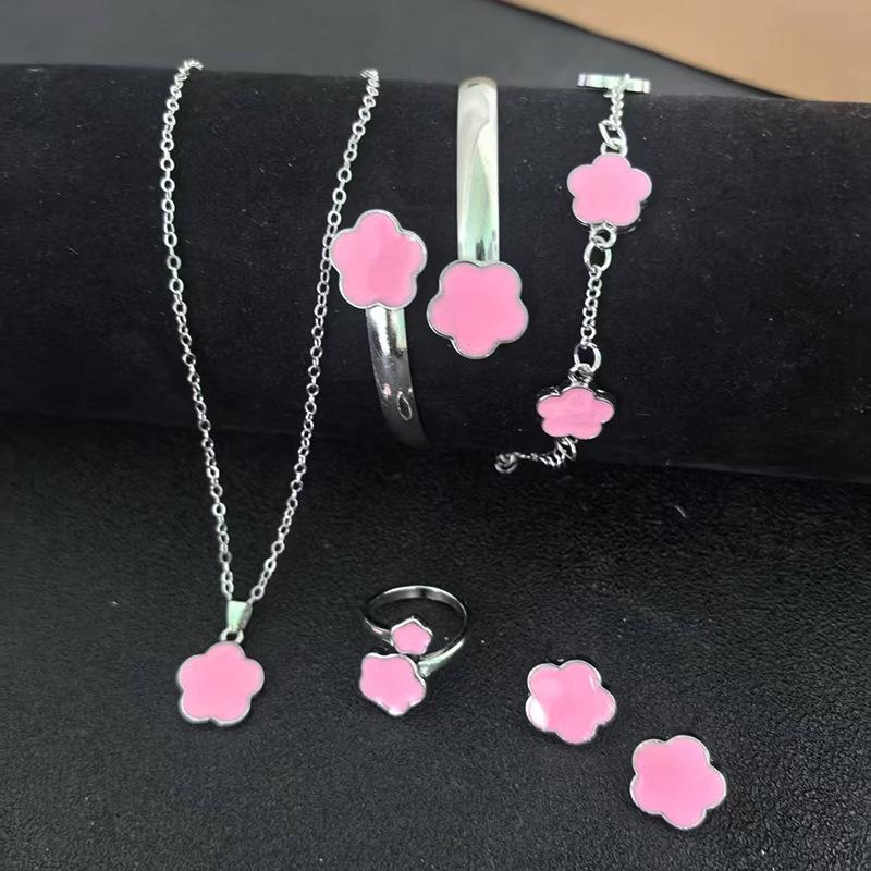 European Elegance: Five-Petal Flower Jewelry Set (Necklace, Bracelet, Bangle, Earrings, Ring)
