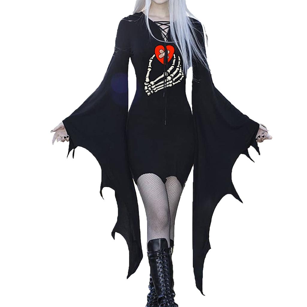 Medieval Vampire Cosplay Costume Women Sexy Slim Gothic Black Dress Vintage Bat Sleeve Witch Halloween Carnival Party Dresses