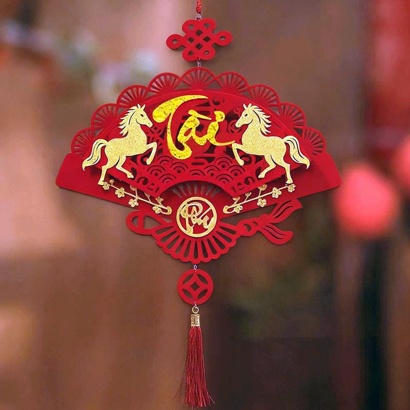 1PC Blessing Good Fortune Vietnamese Luck Red Lunar New Year Hangable Decor Fan Ornament Vietnamese Letters Tassels
