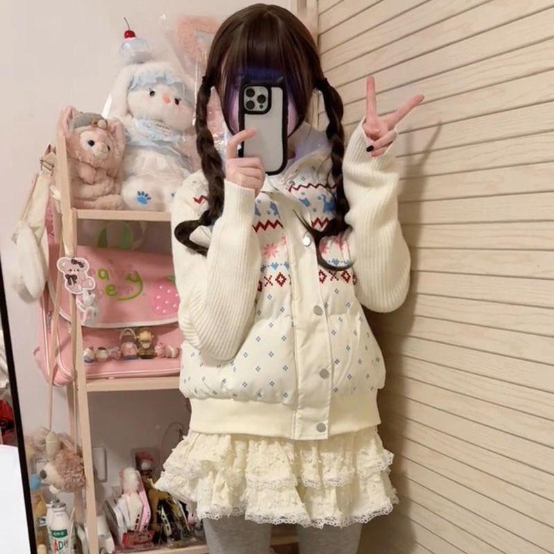Fair Island Snowflake Rabbit Knitted Sleeve Splicing Cotton Jacket Women's Stand-Up Collar Warm Premium Casual Cotton-on