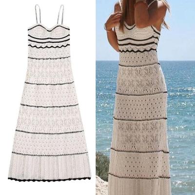 Hook Flower Hollow Knitted Beach Dress for Women Summer Fashion Sleeveless Hollow Maxi Sling Dress Female Sexy Midi Robe