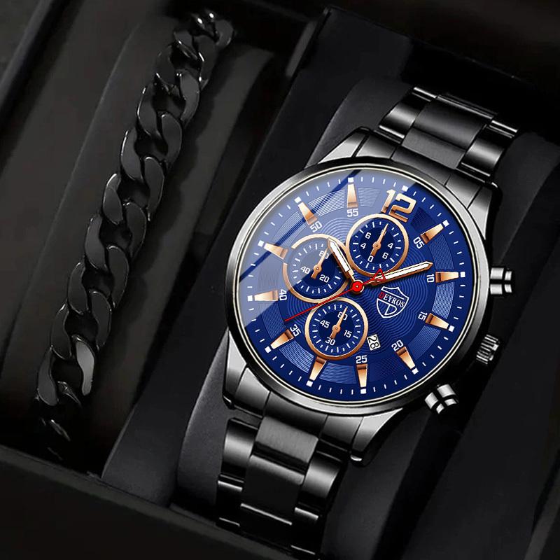 

Мужские модные часы-календарь DEYROS, мужские кварцевые часы со стальным ремешком и имитацией трех глаз и браслетом из нержавеющей стали, лучший выбор для подарков мужчинам